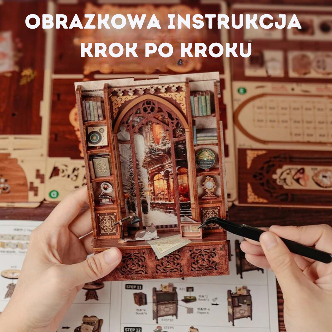 Zawartość zestawu – Book Nook Retro Księgarnia, elementy puzzle 3D
