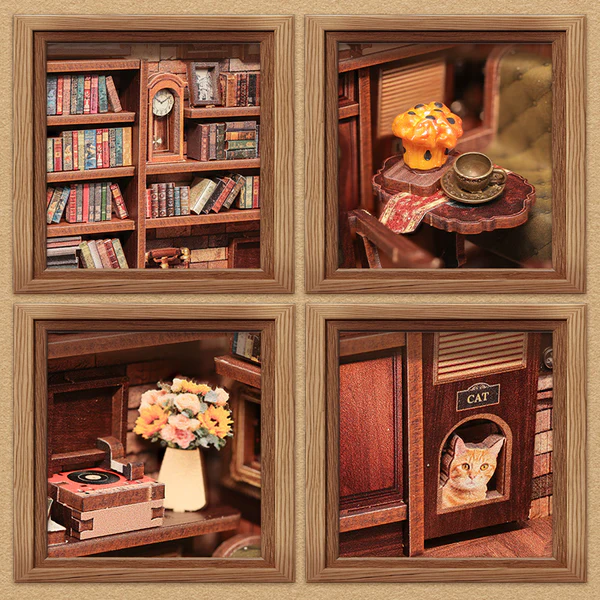 Corner Coffee Shop — elementy zestawu, precyzyjnie wycinane części (DIY book nook kit)