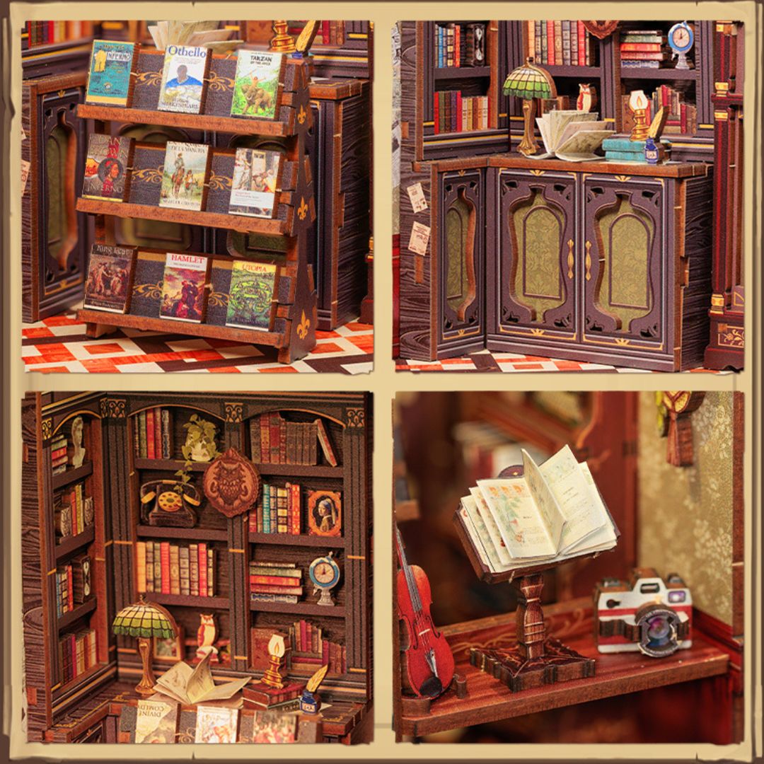 Zbliżenie detali Book Nook – Księgarnia u Sowy (miniaturowy domek DIY, puzzle 3D)