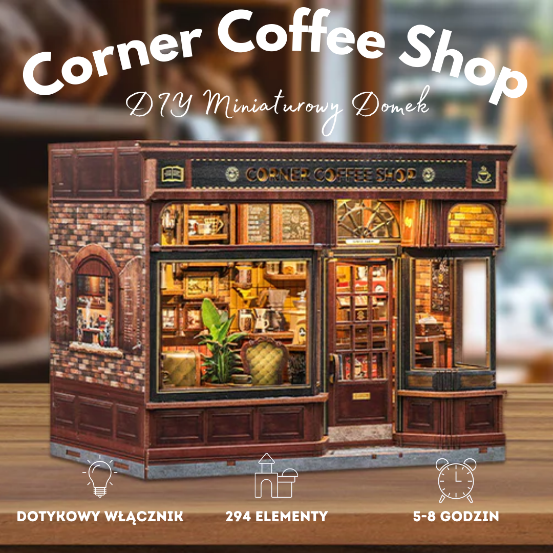 Corner Coffee Shop — zbliżenie detali book nook / bookshelf insert (filiżanki, książki, dekoracje)