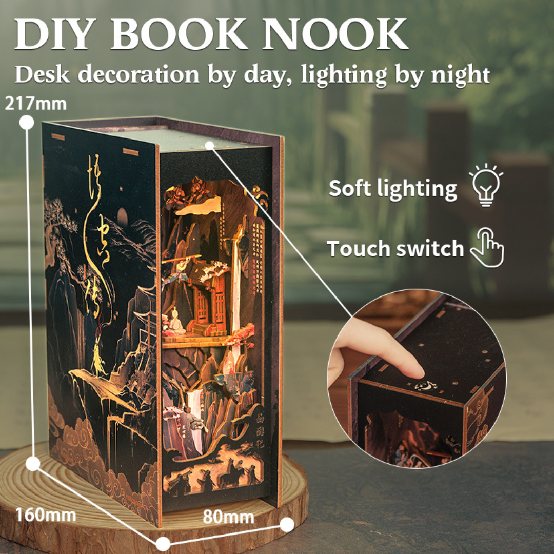 Book nook z oświetleniem LED — Legenda Wukong, klimatyczna dekoracja półki z książkami (DIY nook kit)