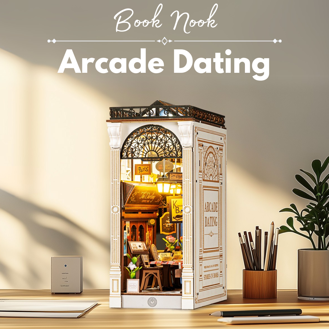 DIY book nook Arcade Dating — Paris street scene, book nook kit / DIY kit with LED — wooden 3D model to assemble