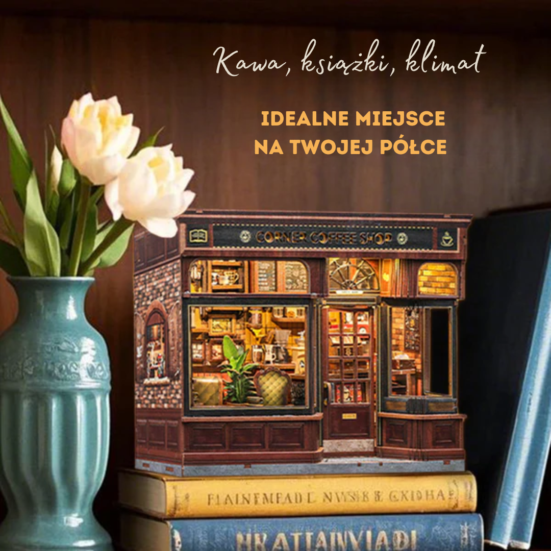 Corner Coffee Shop — aranżacja na półce, dekoracyjny bookshelf insert DIY