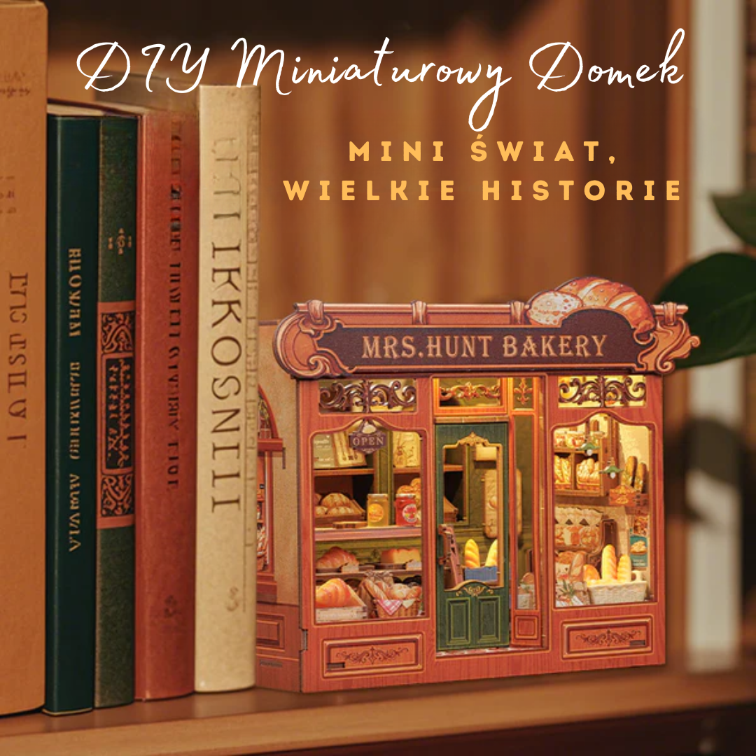 Piekarnia Pani Hunt — aranżacja na półce, dekoracyjny bookshelf insert DIY
