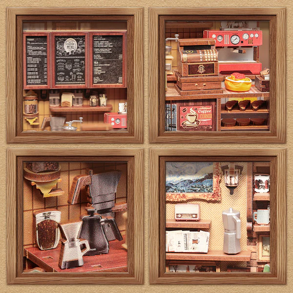 Corner Coffee Shop — moduł z witryną i książkami (DIY nook kit do półki)