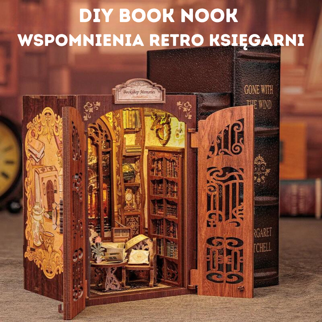 Miniaturowy domek DIY Book Nook Wspomnienia z Retro Księgarni – puzzle 3D, 3D puzzle, dekoracja biblioteczki