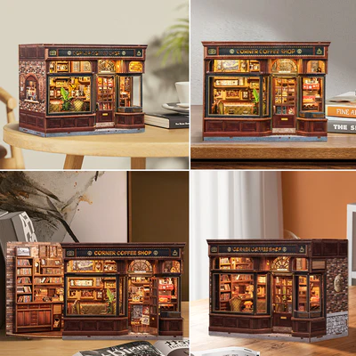 Corner Coffee Shop — detal 3 (elewacja, witryna i rośliny), DIY kit do półki