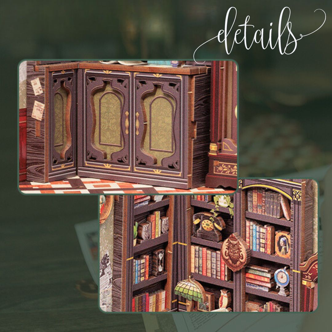 Detale półek i książek – Księgarnia u Sowy, miniaturowy domek DIY, 3D puzzle