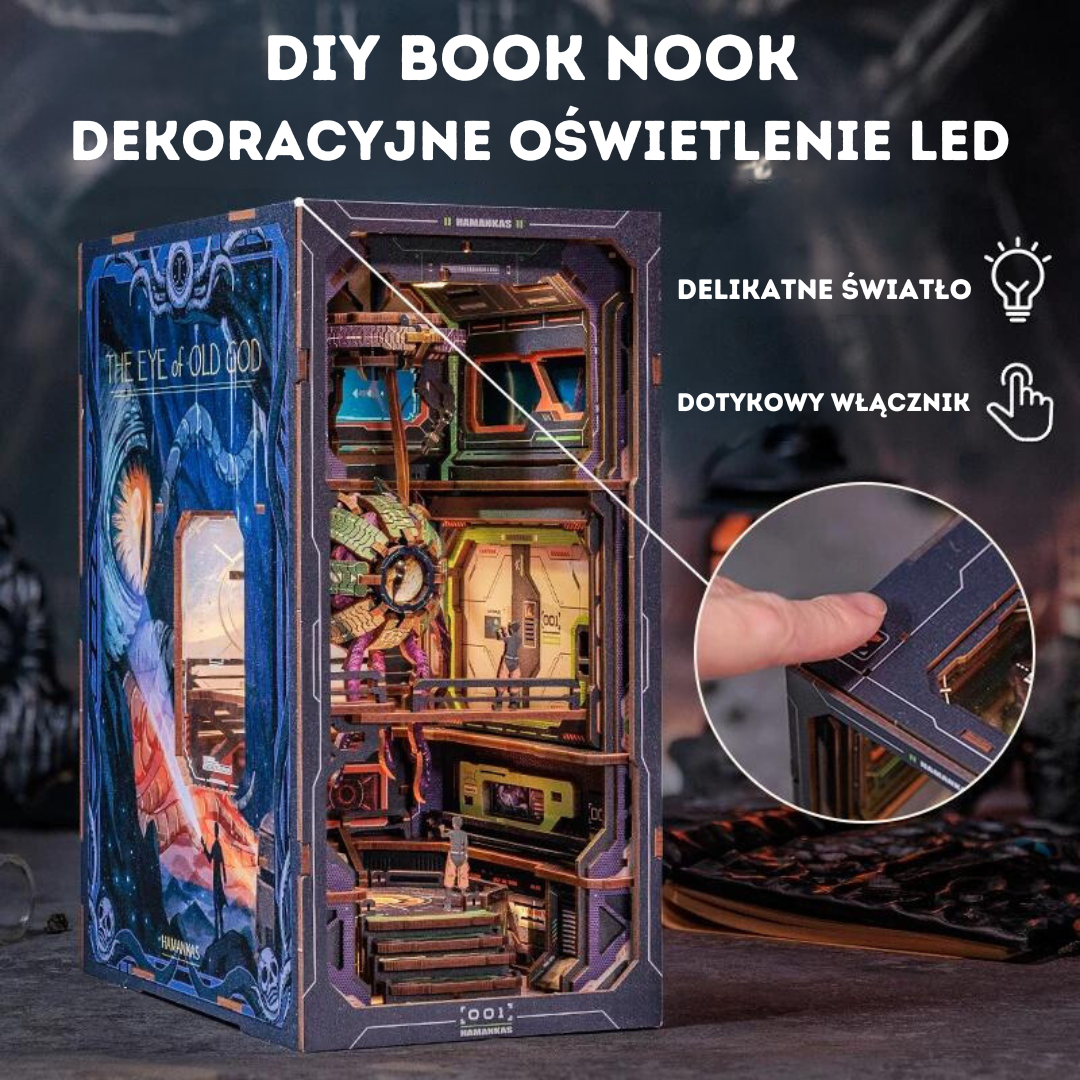 Miniaturowy domek Book Nook Oko – klimatyczne oświetlenie sci-fi
