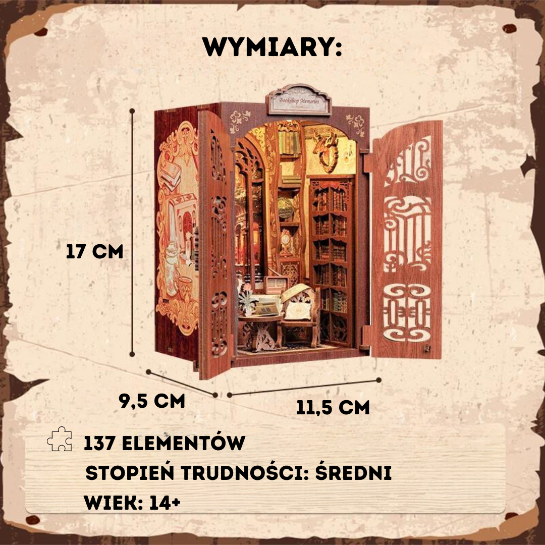 Wymiary miniaturowego domku DIY – Book Nook Wspomnienia z Retro Księgarni