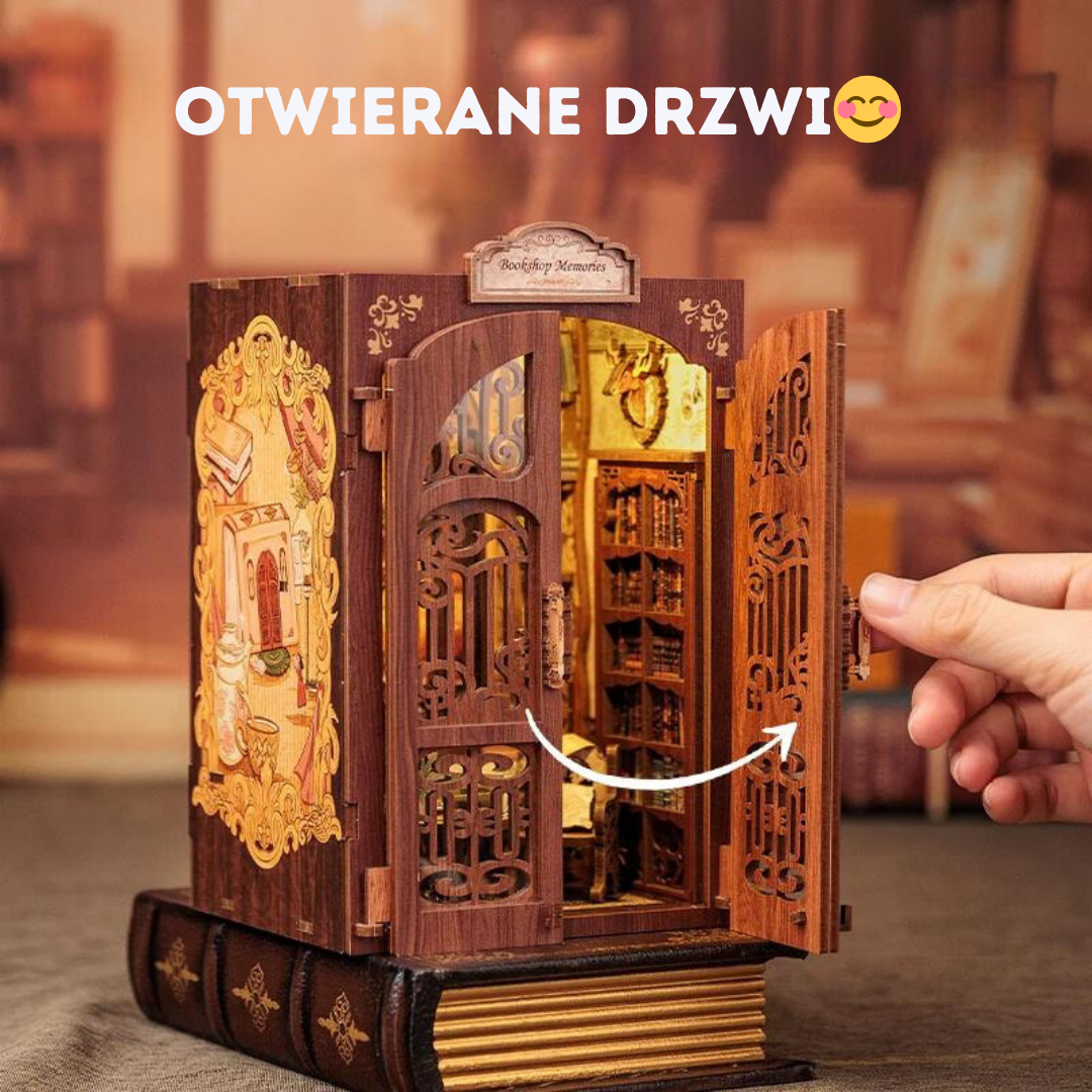 Book Nook Retro Księgarnia – detal miniaturowego domku, puzzle 3D dla dorosłych i młodzieży
