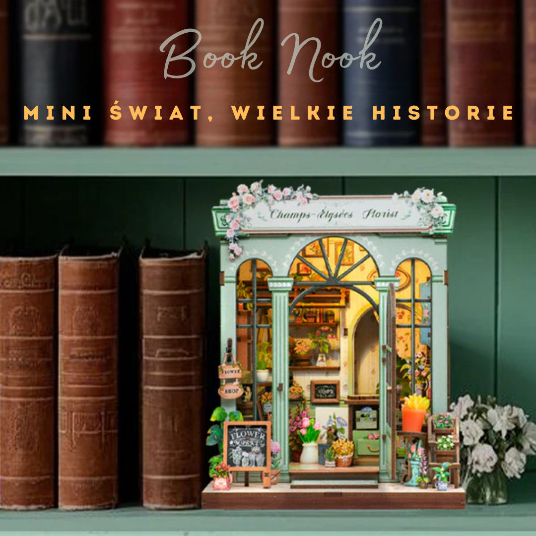 Kwiaciarnia Champs-Elysees Book Nook — zbliżenie detali witryny i kwiatów, mini domek DIY (book nook, nook kit)