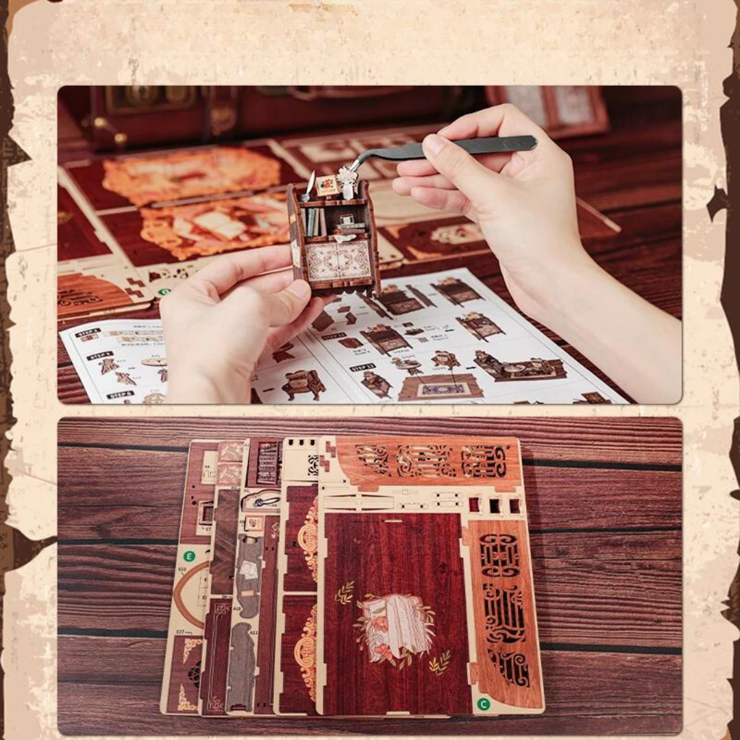 Instrukcja i części – miniaturowy domek DIY, 3D puzzle Book Nook