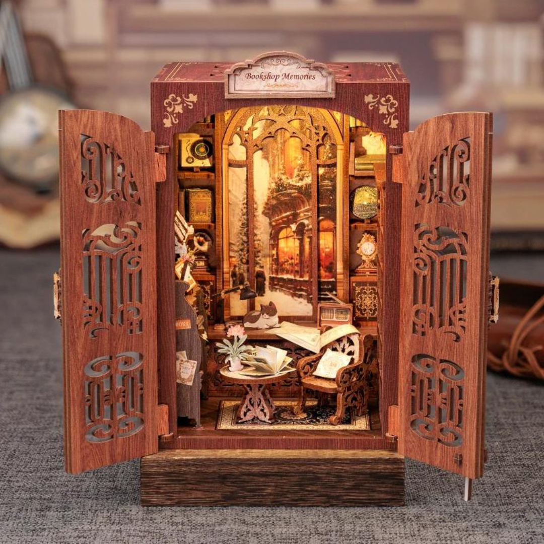 Otwierane drzwi w Book Nook – Wspomnienia z Retro Księgarni, miniaturowy domek DIY