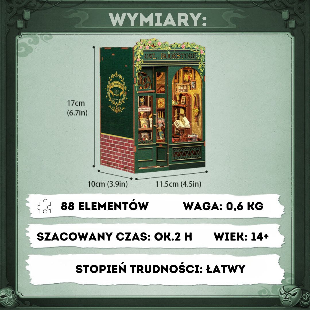 Wymiary zestawu – Book Nook Księgarnia u Sowy, miniaturowy domek DIY (3D puzzle)