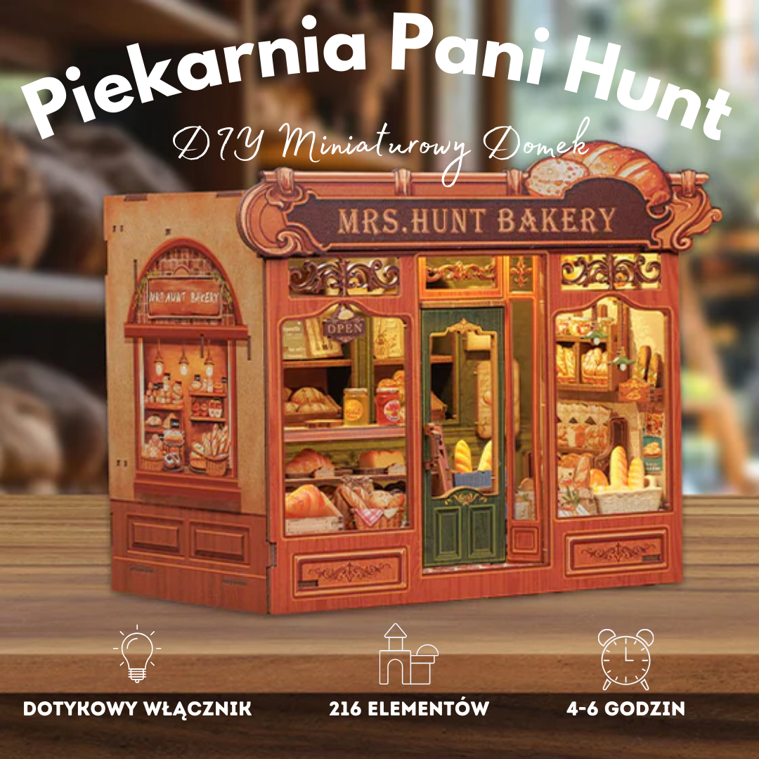 Piekarnia Pani Hunt — zbliżenie detali book nook / bookshelf insert (półki z pieczywem, witryna)