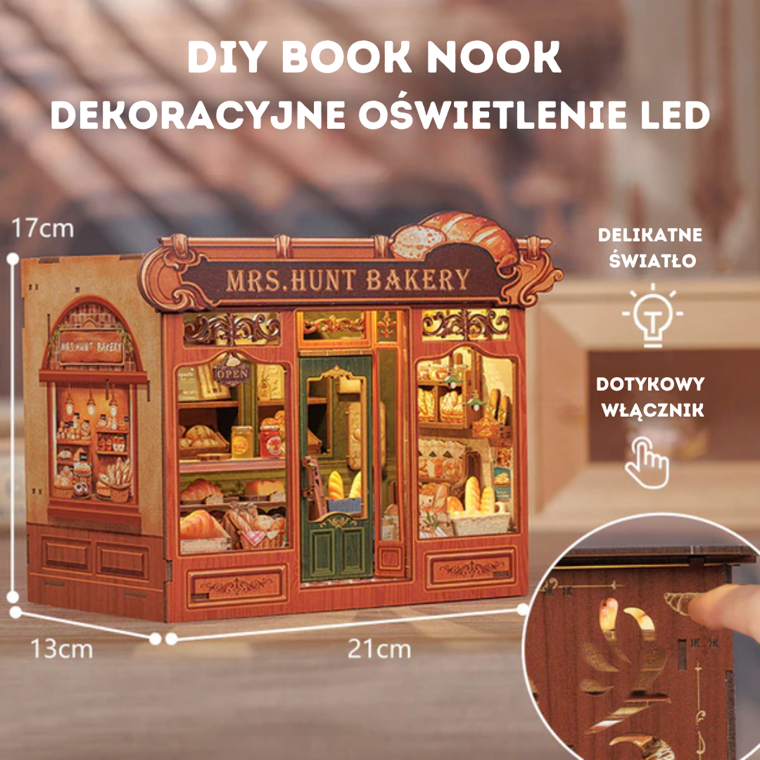 Book Nook Piekarnia Pani Hunt — LED i włącznik dotykowy (bookshelf insert DIY)