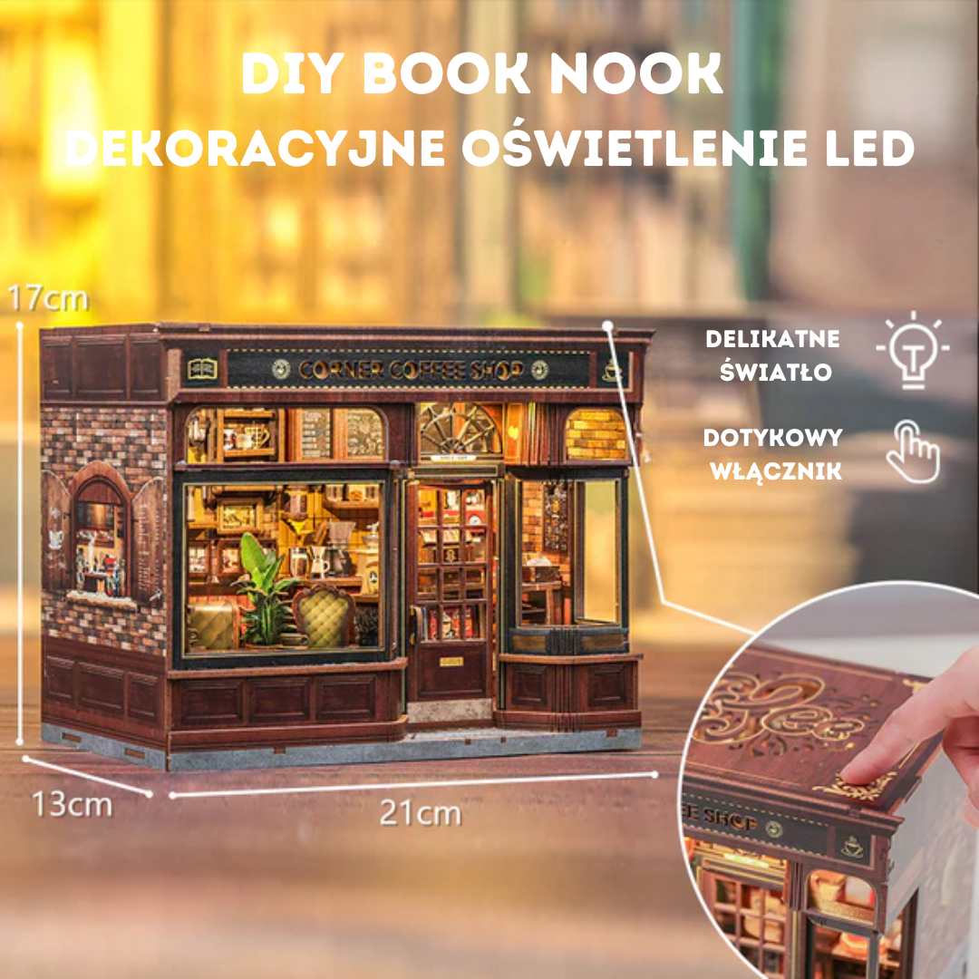 Book Nook Corner Coffee Shop — LED i włącznik dotykowy (bookshelf insert DIY)