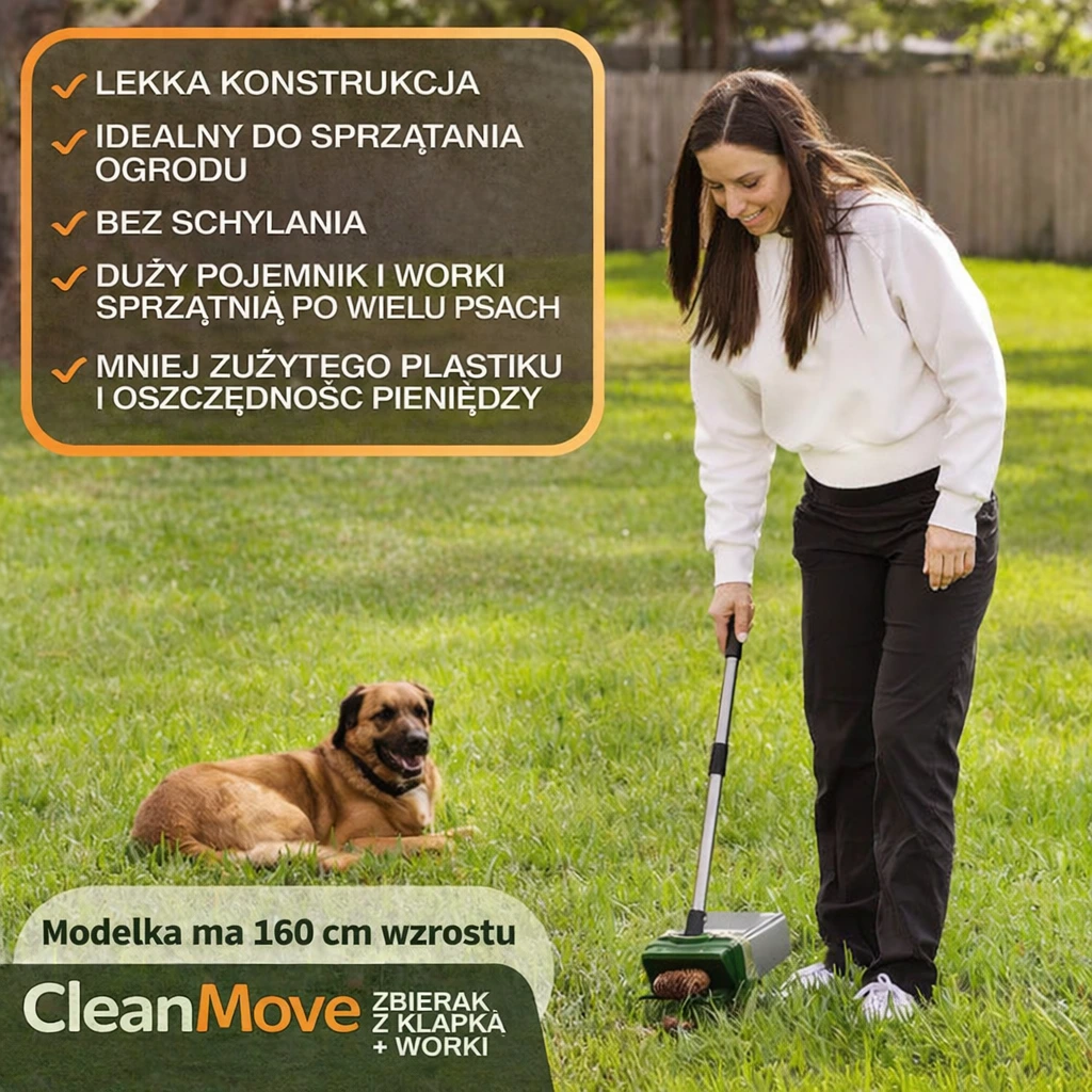 Kobieta na spacerze z psem używająca CleanMove