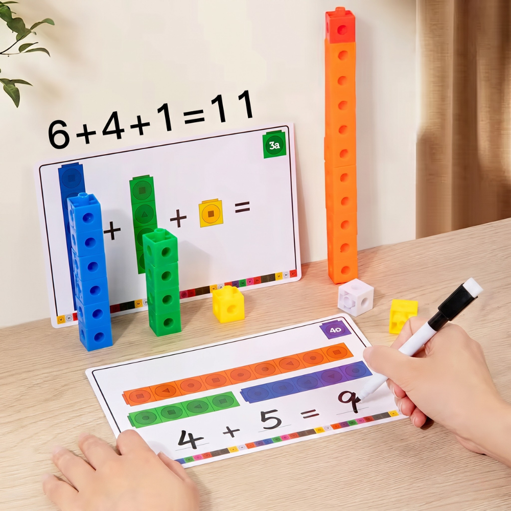 Dziecko wykorzystuje kolorowe klocki MathKids do liczenia i działań